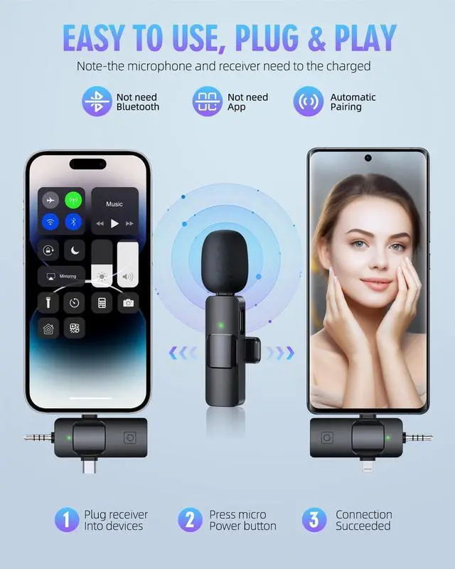 Alt view image 4 of 7 - 3 in 1 Wireless Lavalier Microphones for iPhone, iPad, Android, Camera, USB-C Microphone, 7-Hour Battery, Mini Microphone with Noise Reduction for Video Recording, Vlog, YouTube, TikTok