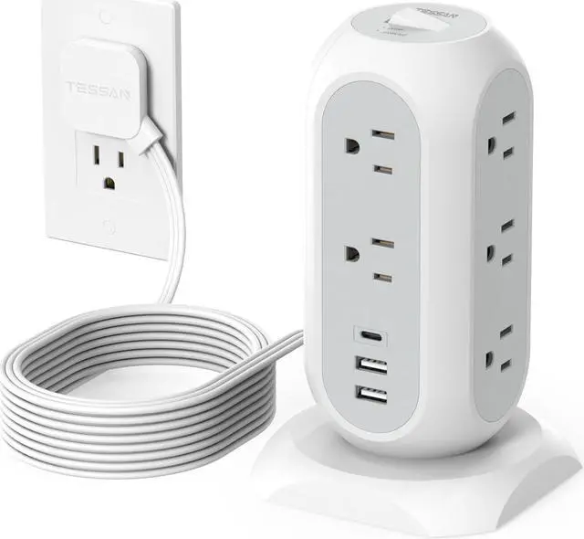 Main image of Surge Protector Power Strip Tower 10 Ft, Flat Plug Extension Cord with 11 AC Outlets 3 USB Ports (1 USB C), 1050J Protection Charging Station for Home, Office Supplies, Dorm Room Essentials