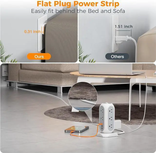 Alt view image 4 of 6 - Surge Protector Power Strip Tower 10 Ft, Flat Plug Extension Cord with 11 AC Outlets 3 USB Ports (1 USB C), 1050J Protection Charging Station for Home, Office Supplies, Dorm Room Essentials