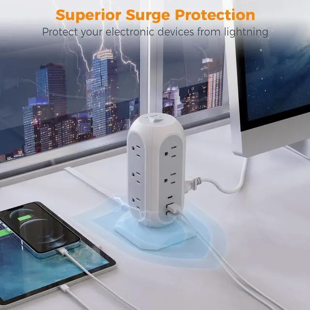Alt view image 6 of 6 - Surge Protector Power Strip Tower 10 Ft, Flat Plug Extension Cord with 11 AC Outlets 3 USB Ports (1 USB C), 1050J Protection Charging Station for Home, Office Supplies, Dorm Room Essentials