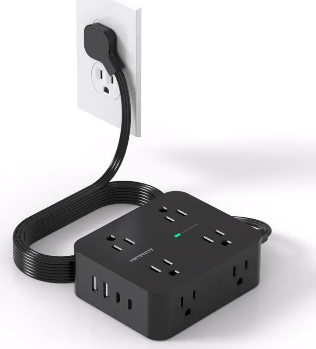 Main image of Power Strip Surge Protector, 5Ft Ultra Thin Flat Plug Extension Cord with Multiple Outlets, 8 Widely Outlet Extender with 4 USB Ports(2 USB C), 1080J Wall Mount for College Dorm Room Essentials Black