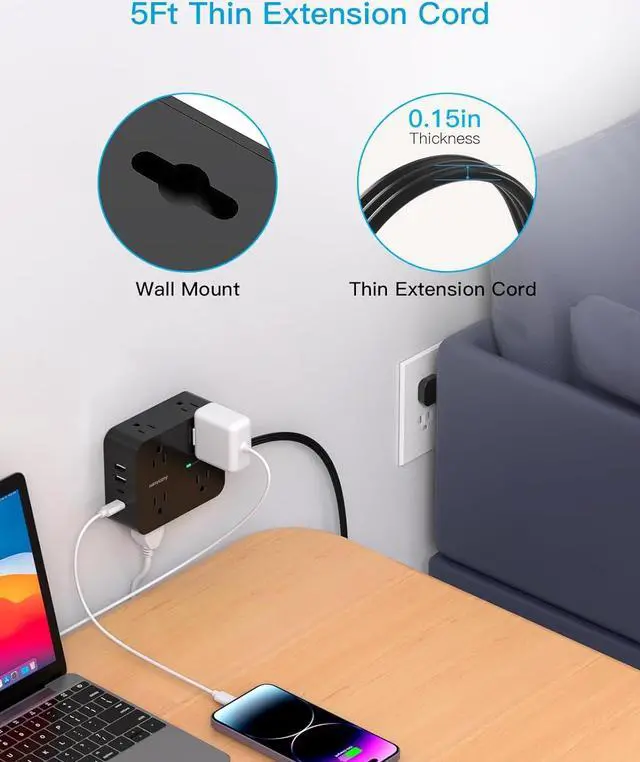 Alt view image 7 of 7 - Power Strip Surge Protector, 5Ft Ultra Thin Flat Plug Extension Cord with Multiple Outlets, 8 Widely Outlet Extender with 4 USB Ports(2 USB C), 1080J Wall Mount for College Dorm Room Essentials Black