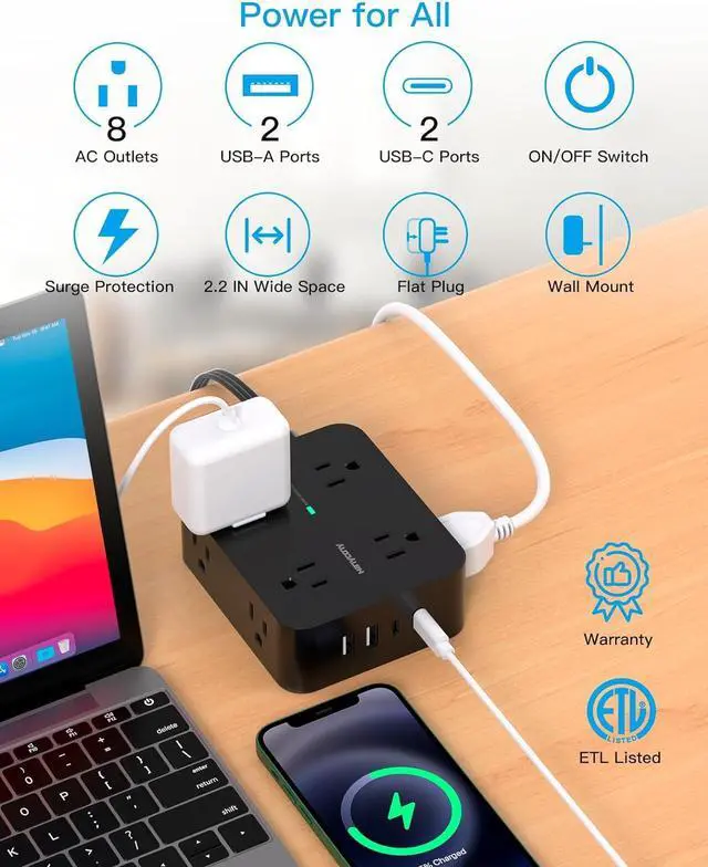Alt view image 3 of 7 - Power Strip Surge Protector, 5Ft Ultra Thin Flat Plug Extension Cord with Multiple Outlets, 8 Widely Outlet Extender with 4 USB Ports(2 USB C), 1080J Wall Mount for College Dorm Room Essentials Black