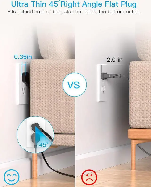 Alt view image 2 of 7 - Power Strip Surge Protector, 5Ft Ultra Thin Flat Plug Extension Cord with Multiple Outlets, 8 Widely Outlet Extender with 4 USB Ports(2 USB C), 1080J Wall Mount for College Dorm Room Essentials Black