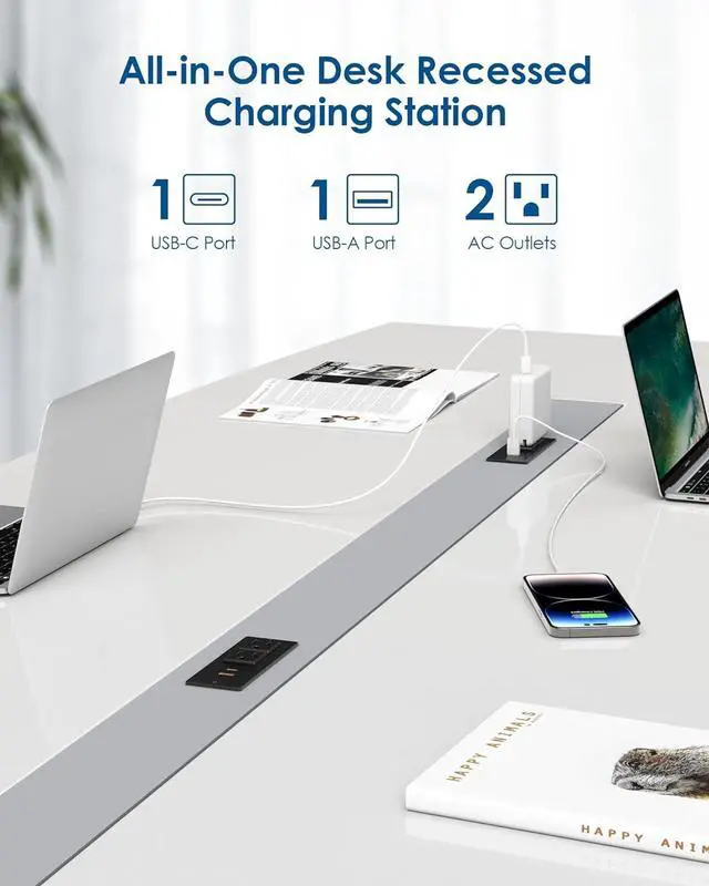 Alt view image 4 of 7 - Recessed Power Strip USB C PD 30W Fast Charging,Flush Mount Desk Recessed Outlet,Space-Saver for Furniture Side Table,2 USB Ports,2 AC Outlets,6ft Cord,Ultra Thin Flat Plug