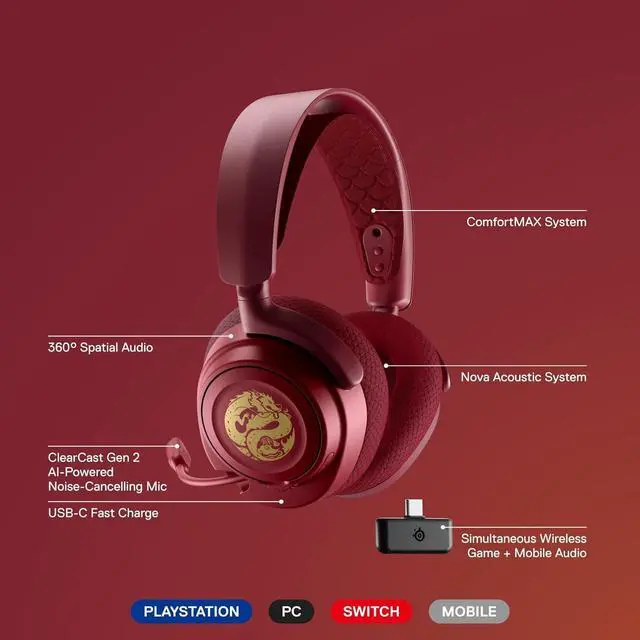 Alt view image 2 of 7 - SteelSeries Arctis Nova 7 Wireless Multi-Platform Gaming Headset  Dragon Edition  Two Speaker Plate Sets  Dual Wireless 2.4GHz & Bluetooth  38 HR Fast Charge Battery  PC, PS, Mac, Mobile, Switch