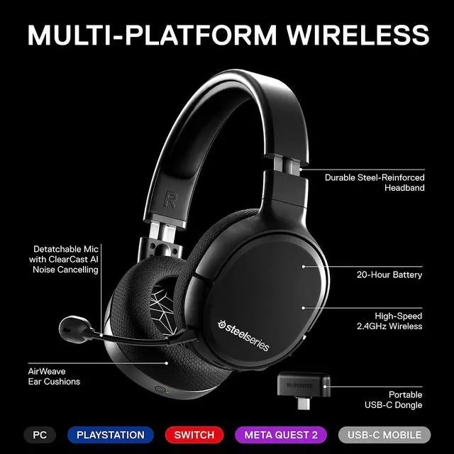 Alt view image 3 of 6 - SteelSeries Arctis 1 Wireless Gaming Headset  USB-C  Detachable Clearcast Microphone  for PC, PS4, Nintendo Switch and Lite, Android  Black
