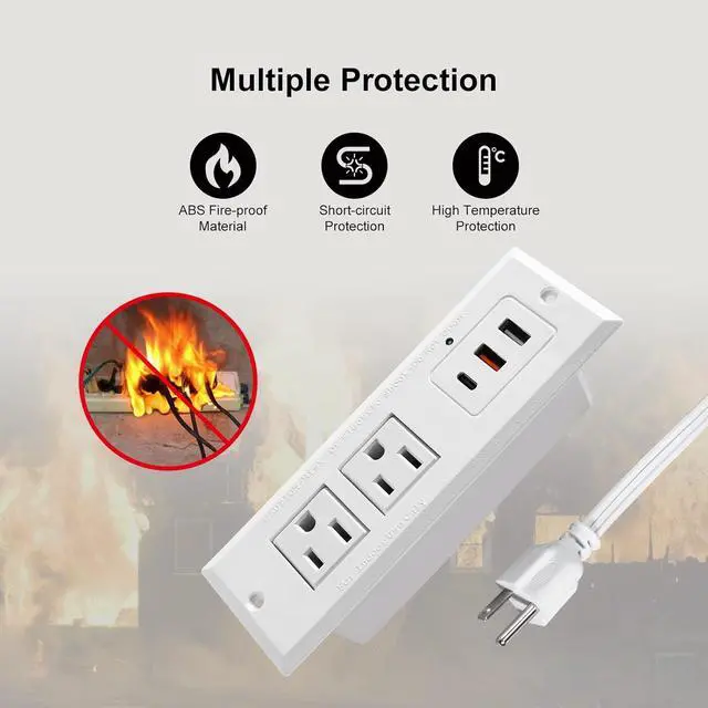 Alt view image 5 of 6 - Recessed Power Strip with USB C 20W PD Fast Charge Extension Cord with Multiple Outlets Type C Desk Mountable Power Station for Home Office Dorm Essentials White