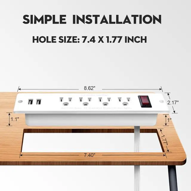 Alt view image 2 of 4 - Mountable Power Strip Recessed Power Strip with USB 4 Outlet 2 USB Multiple Protection Built in Conference Desk Counter Workbench for PC Home Electric Appliance ETL Listed White