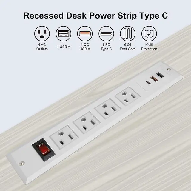 Alt view image 3 of 6 - 20W Mountable Power Strip USB C Recessed Power Strip USB-C Fast Charge 4 Outlet 3 USB Multiple Protection Built in Conference Desk Counter Workbench for PC Home Electric Appliance (USB C WHITE)