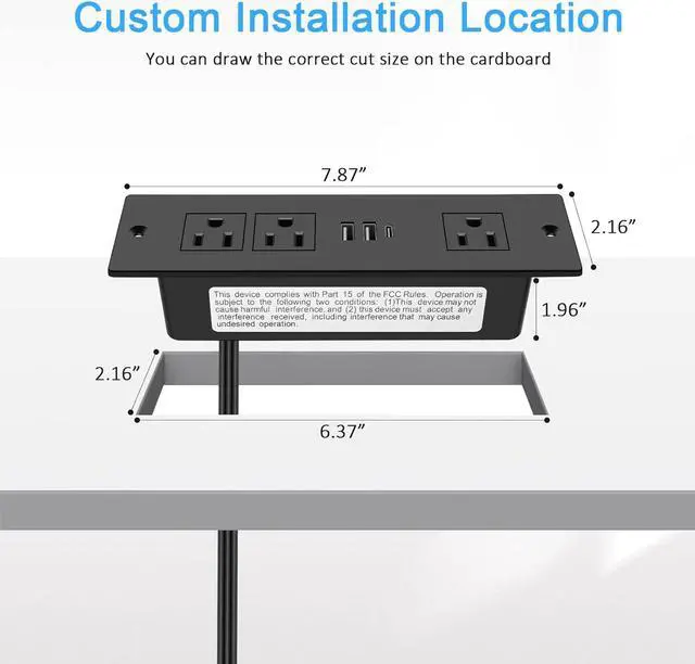 Alt view image 6 of 6 - Recessed Power Strip, Furniture Drawer Outlet with 20W PD USB-C & 18W QC3.0 USB-A, Plug in 3 Outlets & USB Ports, Flush Mount 6FT Black Extension Cord Conference Desk Outlet Fast Charge