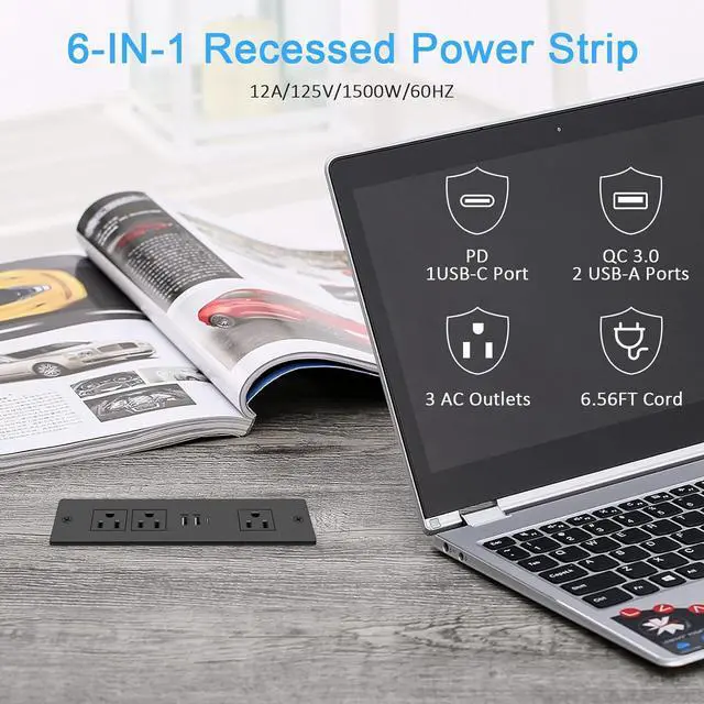 Alt view image 2 of 6 - Recessed Power Strip, Furniture Drawer Outlet with 20W PD USB-C & 18W QC3.0 USB-A, Plug in 3 Outlets & USB Ports, Flush Mount 6FT Black Extension Cord Conference Desk Outlet Fast Charge