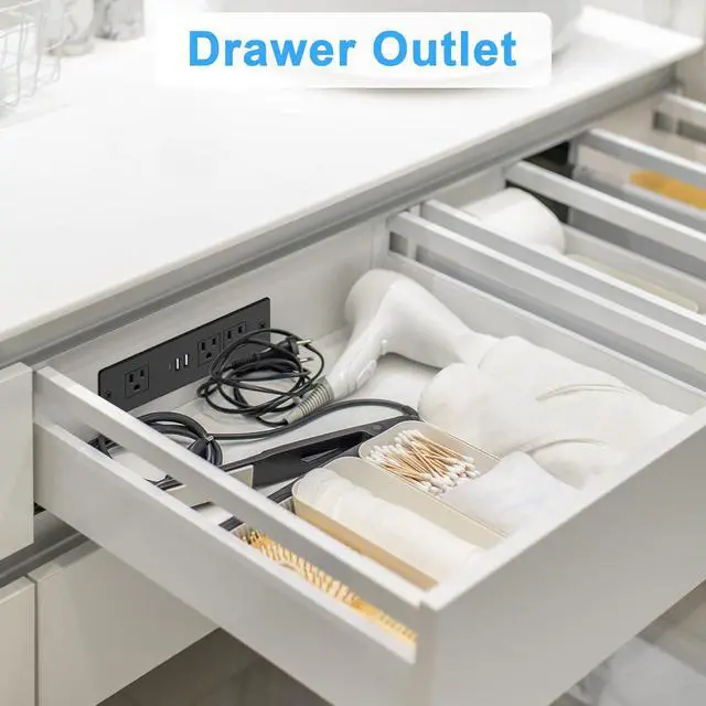 Alt view image 4 of 6 - Recessed Power Strip, Furniture Drawer Outlet with 20W PD USB-C & 18W QC3.0 USB-A, Plug in 3 Outlets & USB Ports, Flush Mount 6FT Black Extension Cord Conference Desk Outlet Fast Charge