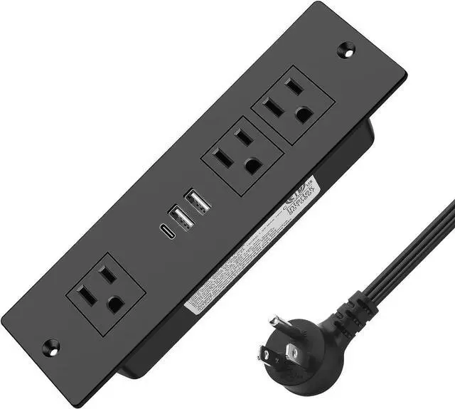 Main image of Recessed Power Strip, Furniture Drawer Outlet with 20W PD USB-C & 18W QC3.0 USB-A, Plug in 3 Outlets & USB Ports, Flush Mount 6FT Black Extension Cord Conference Desk Outlet Fast Charge