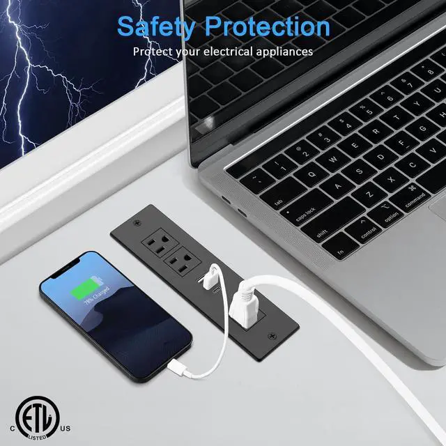 Alt view image 5 of 6 - Recessed Power Strip, Furniture Drawer Outlet with 20W PD USB-C & 18W QC3.0 USB-A, Plug in 3 Outlets & USB Ports, Flush Mount 6FT Black Extension Cord Conference Desk Outlet Fast Charge