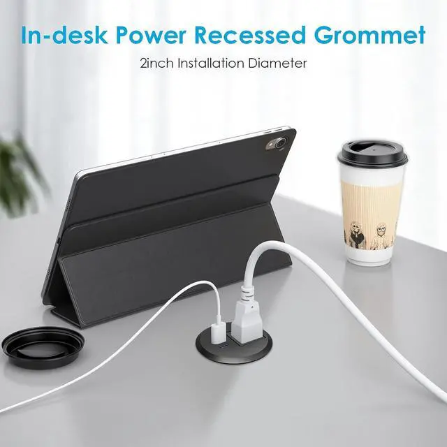 Alt view image 3 of 7 - Desktop Power Grommet 2 inch,USB C PD 20W Fast Charging Station,Desk Hole Grommet Recessed Outlet,Round Desktop Conference Room Power Grommet Outlet,6 Ft Flat Plug Extension Cord