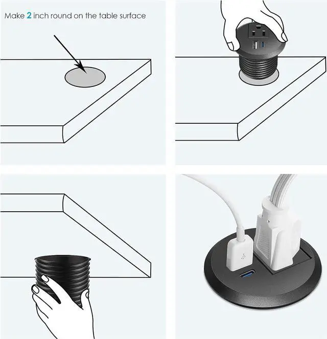 Alt view image 7 of 7 - Desktop Power Grommet 2 inch,USB C PD 20W Fast Charging Station,Desk Hole Grommet Recessed Outlet,Round Desktop Conference Room Power Grommet Outlet,6 Ft Flat Plug Extension Cord