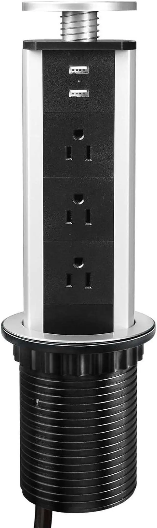 Main image of Pop Up Outlet Socket Recessed Retractable Power Strip Charging Station with 3 US Plug and 2 USB Ports for Kitchen Counter Island Conference Office, Black