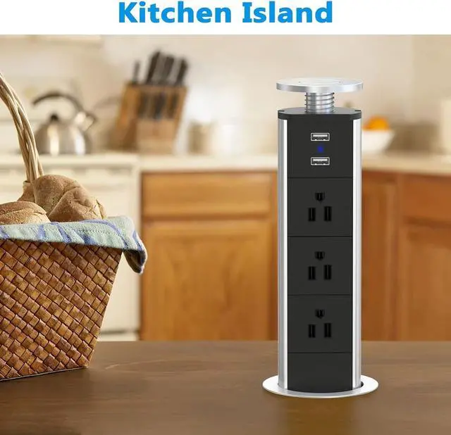 Alt view image 3 of 7 - Pop Up Outlet Socket Recessed Retractable Power Strip Charging Station with 3 US Plug and 2 USB Ports for Kitchen Counter Island Conference Office, Black