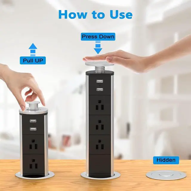 Alt view image 5 of 7 - Pop Up Outlet Socket Recessed Retractable Power Strip Charging Station with 3 US Plug and 2 USB Ports for Kitchen Counter Island Conference Office, Black