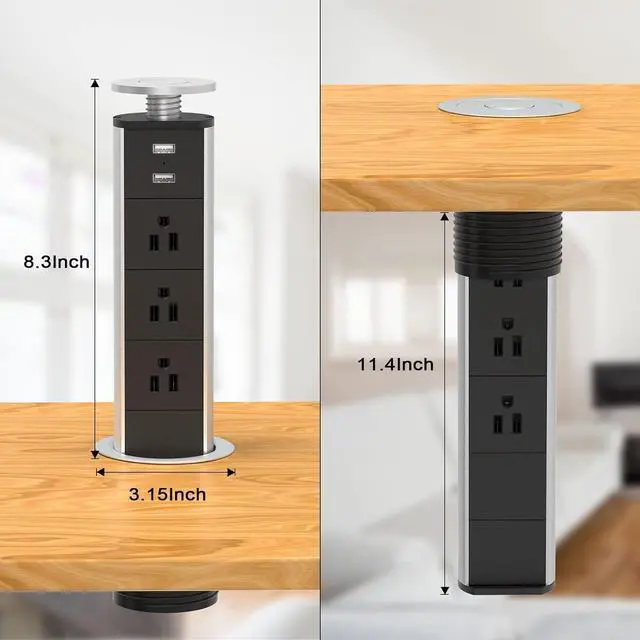 Alt view image 6 of 7 - Pop Up Outlet Socket Recessed Retractable Power Strip Charging Station with 3 US Plug and 2 USB Ports for Kitchen Counter Island Conference Office, Black