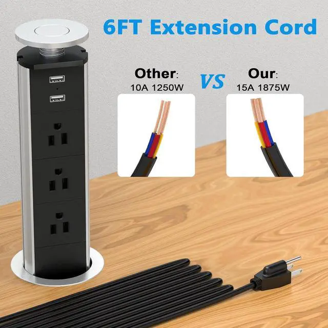 Alt view image 7 of 7 - Pop Up Outlet Socket Recessed Retractable Power Strip Charging Station with 3 US Plug and 2 USB Ports for Kitchen Counter Island Conference Office, Black