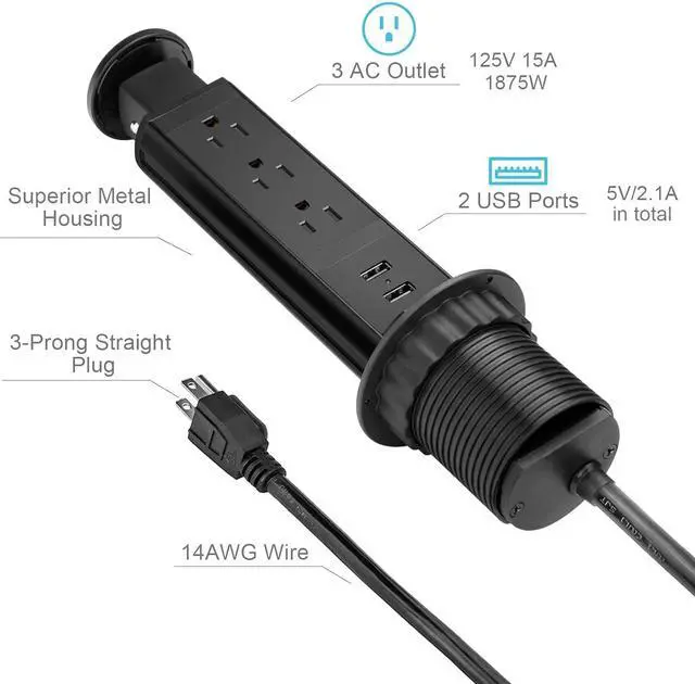 Alt view image 3 of 7 - Pop Up Electrical Outlet for Countertop, Recessed Power Strip with 3 AC Outlet & 2 USB Ports,2.5" Hole Pull Pop Up Socket Hidden Outlets, Pop Out Power Outlet for Kitchen Counter Conference Desk