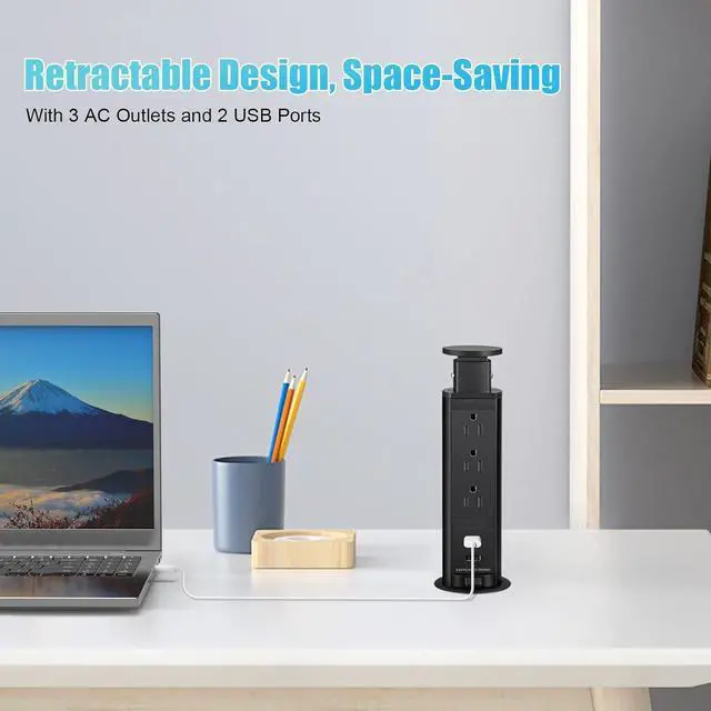 Alt view image 6 of 7 - Pop Up Electrical Outlet for Countertop, Recessed Power Strip with 3 AC Outlet & 2 USB Ports,2.5" Hole Pull Pop Up Socket Hidden Outlets, Pop Out Power Outlet for Kitchen Counter Conference Desk