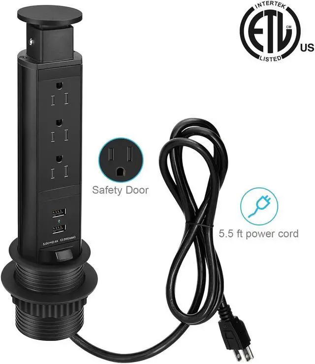 Alt view image 2 of 7 - Pop Up Electrical Outlet for Countertop, Recessed Power Strip with 3 AC Outlet & 2 USB Ports,2.5" Hole Pull Pop Up Socket Hidden Outlets, Pop Out Power Outlet for Kitchen Counter Conference Desk