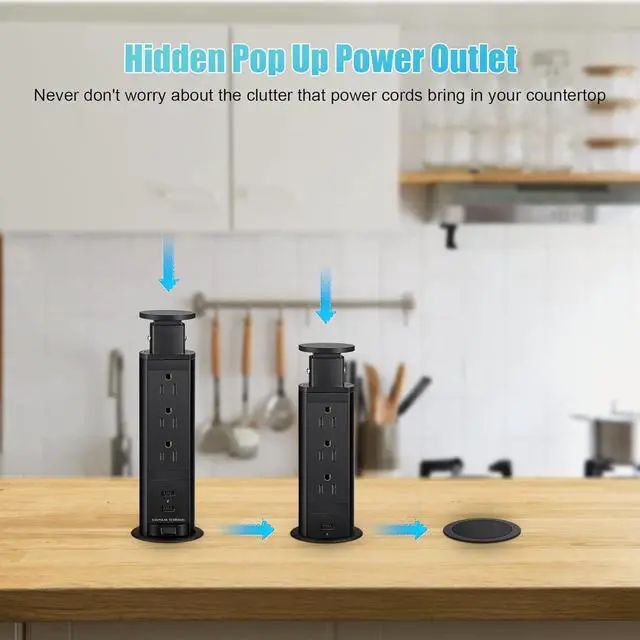Alt view image 5 of 7 - Pop Up Electrical Outlet for Countertop, Recessed Power Strip with 3 AC Outlet & 2 USB Ports,2.5" Hole Pull Pop Up Socket Hidden Outlets, Pop Out Power Outlet for Kitchen Counter Conference Desk