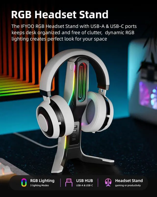 Alt view image 2 of 6 - RGB Gaming Headset Stand with 2 USB and 1 Type-C Ports, Game Headphone Mount for PC Computer, Xbox One, Xbox Series S/X, PS5, PS4, Earphone Holder Hanger, Desk Gamer Accessories, Black&White