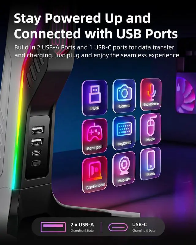 Alt view image 4 of 6 - RGB Gaming Headset Stand with 2 USB and 1 Type-C Ports, Game Headphone Mount for PC Computer, Xbox One, Xbox Series S/X, PS5, PS4, Earphone Holder Hanger, Desk Gamer Accessories, Black&White