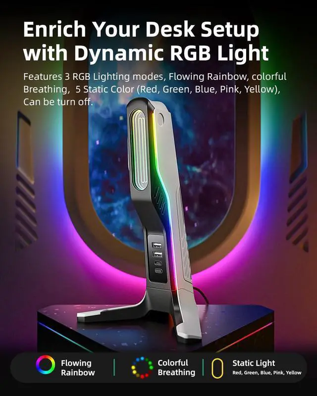 Alt view image 3 of 6 - RGB Gaming Headset Stand with 2 USB and 1 Type-C Ports, Game Headphone Mount for PC Computer, Xbox One, Xbox Series S/X, PS5, PS4, Earphone Holder Hanger, Desk Gamer Accessories, Black&White