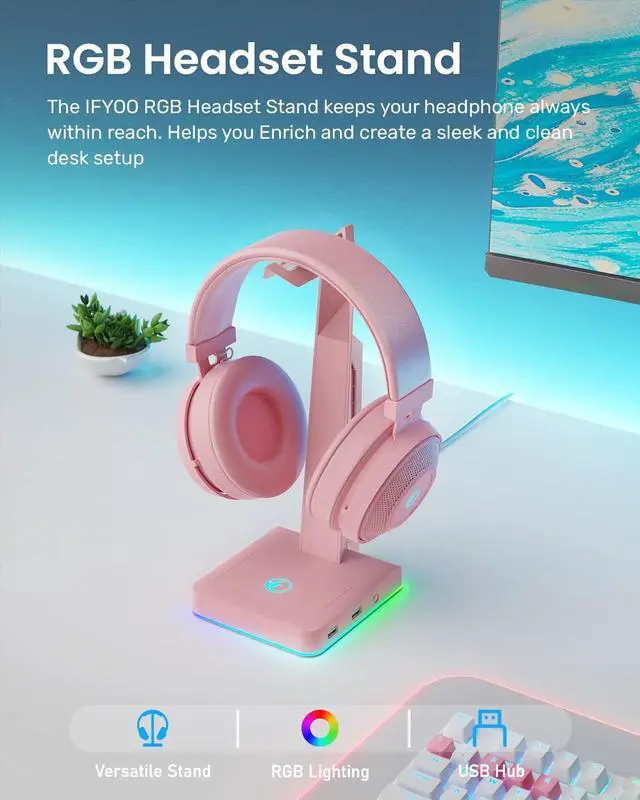 Alt view image 2 of 7 - RGB Gaming Headset Stand with 2 USB Ports, Game Headphone Mount for PC, Xbox One, PS4, Switch, Earphone Holder Hanger, Great for Gaming Stations, Fancy Desk Gamer Accessories, Pink