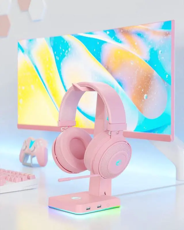 Alt view image 7 of 7 - RGB Gaming Headset Stand with 2 USB Ports, Game Headphone Mount for PC, Xbox One, PS4, Switch, Earphone Holder Hanger, Great for Gaming Stations, Fancy Desk Gamer Accessories, Pink