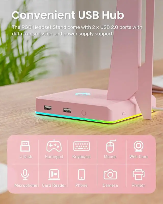 Alt view image 4 of 7 - RGB Gaming Headset Stand with 2 USB Ports, Game Headphone Mount for PC, Xbox One, PS4, Switch, Earphone Holder Hanger, Great for Gaming Stations, Fancy Desk Gamer Accessories, Pink