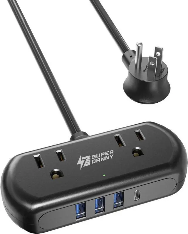 Main image of Power Strip with USB, Mini Surge Protector with 2 Wide-Spaced Outlets, 3 USB-A 1 USB-C, 5 Ft Extension Cord, Flat Plug, Compact Size Desktop Charging Station Travel, Home, Office, Black