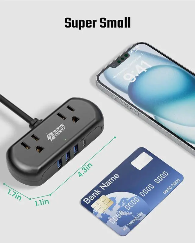 Alt view image 2 of 7 - Power Strip with USB, Mini Surge Protector with 2 Wide-Spaced Outlets, 3 USB-A 1 USB-C, 5 Ft Extension Cord, Flat Plug, Compact Size Desktop Charging Station Travel, Home, Office, Black