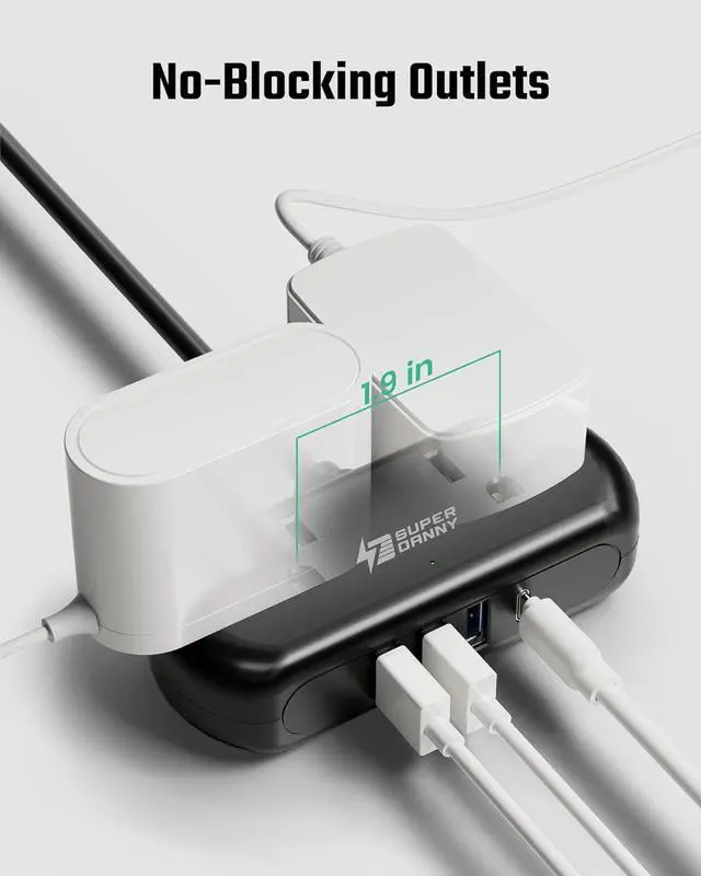 Alt view image 4 of 7 - Power Strip with USB, Mini Surge Protector with 2 Wide-Spaced Outlets, 3 USB-A 1 USB-C, 5 Ft Extension Cord, Flat Plug, Compact Size Desktop Charging Station Travel, Home, Office, Black