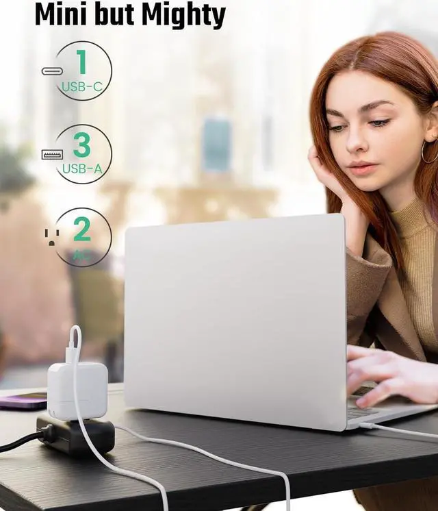 Alt view image 3 of 7 - Power Strip with USB, Mini Surge Protector with 2 Wide-Spaced Outlets, 3 USB-A 1 USB-C, 5 Ft Extension Cord, Flat Plug, Compact Size Desktop Charging Station Travel, Home, Office, Black