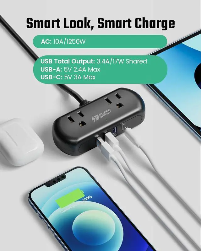 Alt view image 5 of 7 - Power Strip with USB, Mini Surge Protector with 2 Wide-Spaced Outlets, 3 USB-A 1 USB-C, 5 Ft Extension Cord, Flat Plug, Compact Size Desktop Charging Station Travel, Home, Office, Black