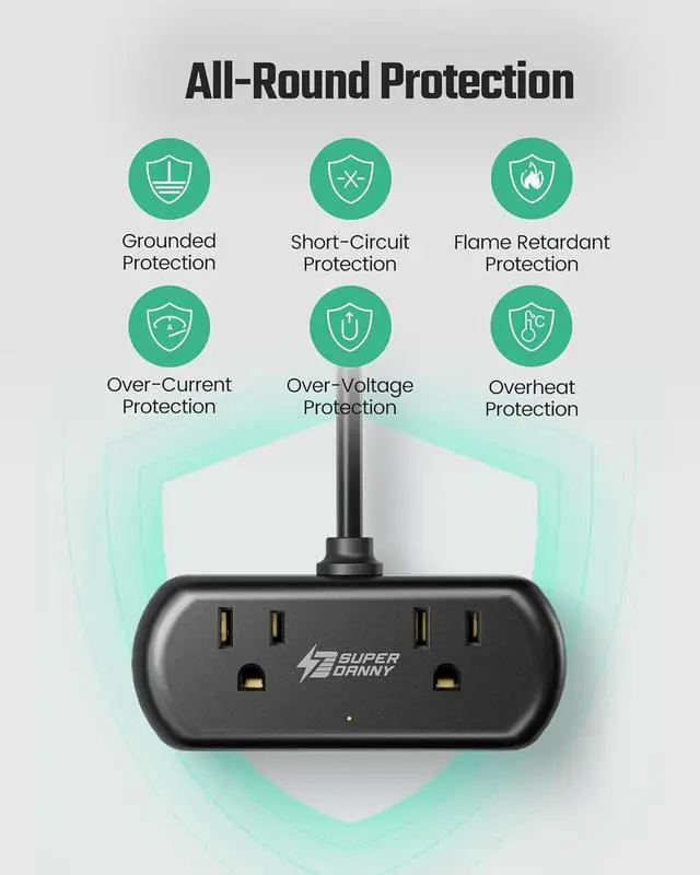 Alt view image 7 of 7 - Power Strip with USB, Mini Surge Protector with 2 Wide-Spaced Outlets, 3 USB-A 1 USB-C, 5 Ft Extension Cord, Flat Plug, Compact Size Desktop Charging Station Travel, Home, Office, Black