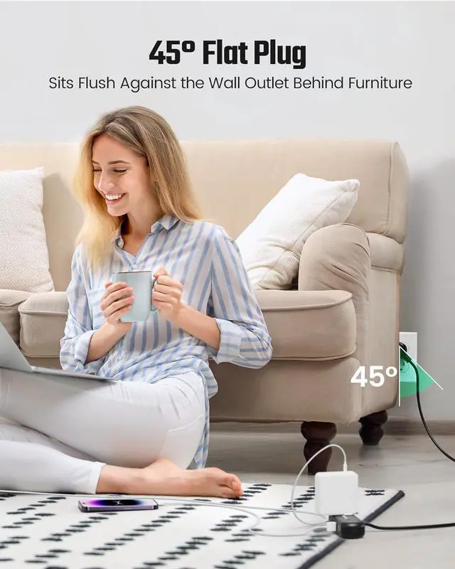 Alt view image 6 of 7 - Power Strip with USB, Mini Surge Protector with 2 Wide-Spaced Outlets, 3 USB-A 1 USB-C, 5 Ft Extension Cord, Flat Plug, Compact Size Desktop Charging Station Travel, Home, Office, Black