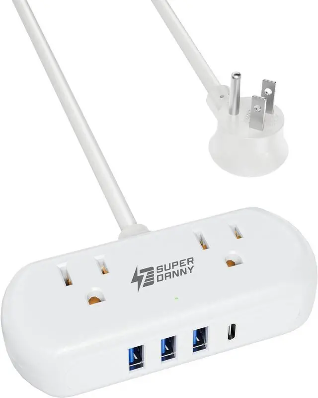 Main image of Power Strip with USB, Mini Surge Protector with 2 Wide-Spaced Outlets, 3 USB-A 1 USB-C, 5 Ft Extension Cord, Flat Plug, Compact Size Desktop Charging Station Travel, Home, Office, White