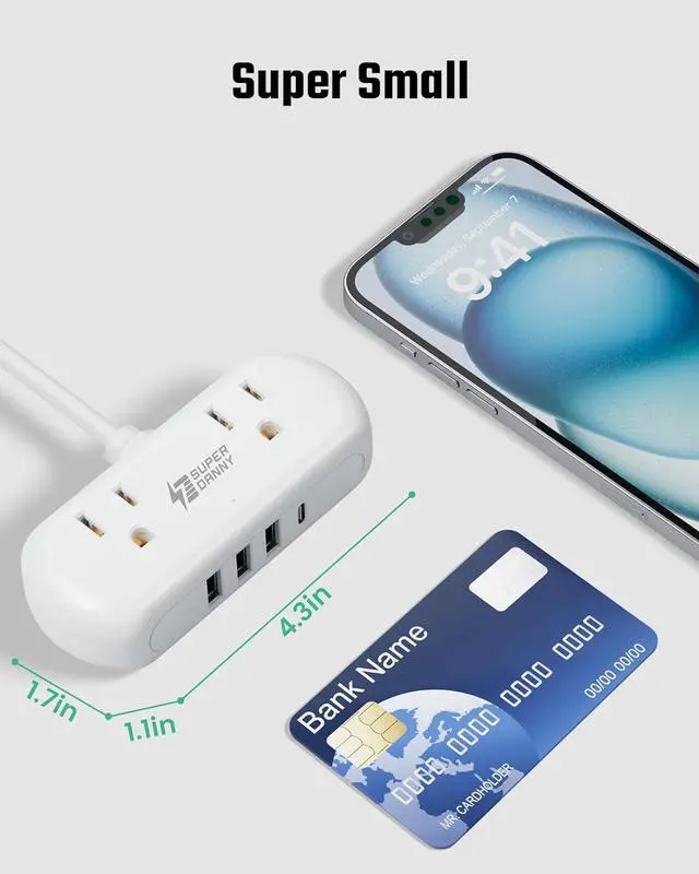 Alt view image 2 of 7 - Power Strip with USB, Mini Surge Protector with 2 Wide-Spaced Outlets, 3 USB-A 1 USB-C, 5 Ft Extension Cord, Flat Plug, Compact Size Desktop Charging Station Travel, Home, Office, White