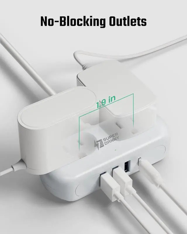 Alt view image 4 of 7 - Power Strip with USB, Mini Surge Protector with 2 Wide-Spaced Outlets, 3 USB-A 1 USB-C, 5 Ft Extension Cord, Flat Plug, Compact Size Desktop Charging Station Travel, Home, Office, White
