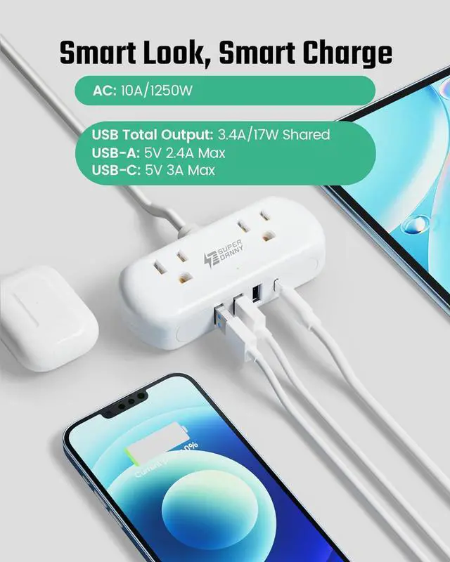 Alt view image 5 of 7 - Power Strip with USB, Mini Surge Protector with 2 Wide-Spaced Outlets, 3 USB-A 1 USB-C, 5 Ft Extension Cord, Flat Plug, Compact Size Desktop Charging Station Travel, Home, Office, White
