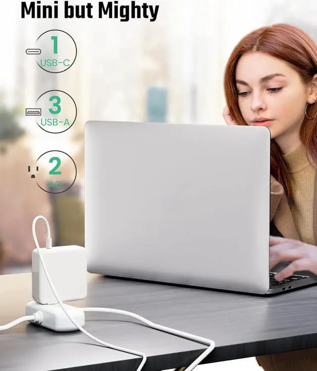 Alt view image 3 of 7 - Power Strip with USB, Mini Surge Protector with 2 Wide-Spaced Outlets, 3 USB-A 1 USB-C, 5 Ft Extension Cord, Flat Plug, Compact Size Desktop Charging Station Travel, Home, Office, White
