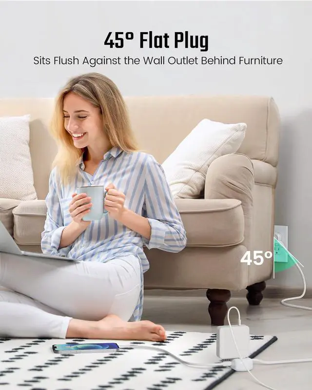 Alt view image 6 of 7 - Power Strip with USB, Mini Surge Protector with 2 Wide-Spaced Outlets, 3 USB-A 1 USB-C, 5 Ft Extension Cord, Flat Plug, Compact Size Desktop Charging Station Travel, Home, Office, White