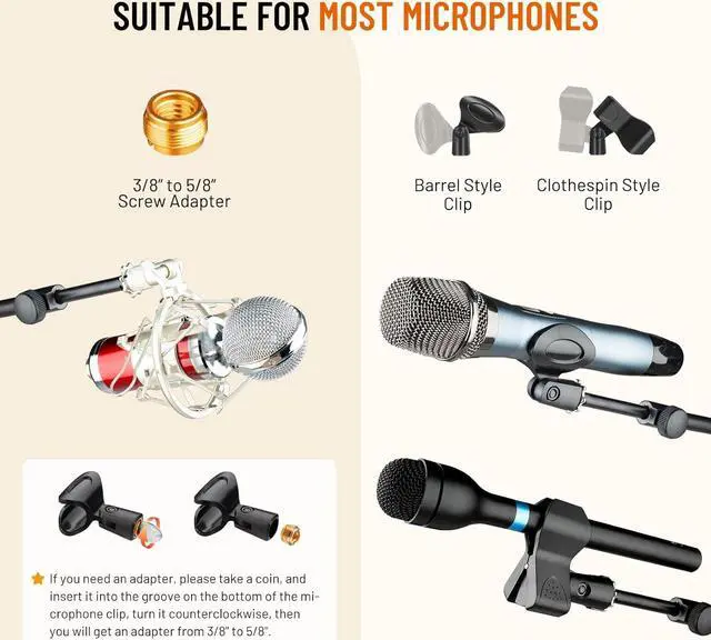 Alt view image 7 of 7 - Tripod Microphone Stand: Boom Arm One-Button Release Floor Mic Stand Portable with Carrying Bag and 2 Mic Clips for Singing Performance Wedding Stage Meeting Live CY0362